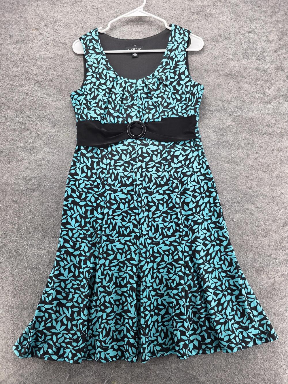 Perceptions Petite Dress Womens 10P Black Blue Leaf Print Sleeveless Belted